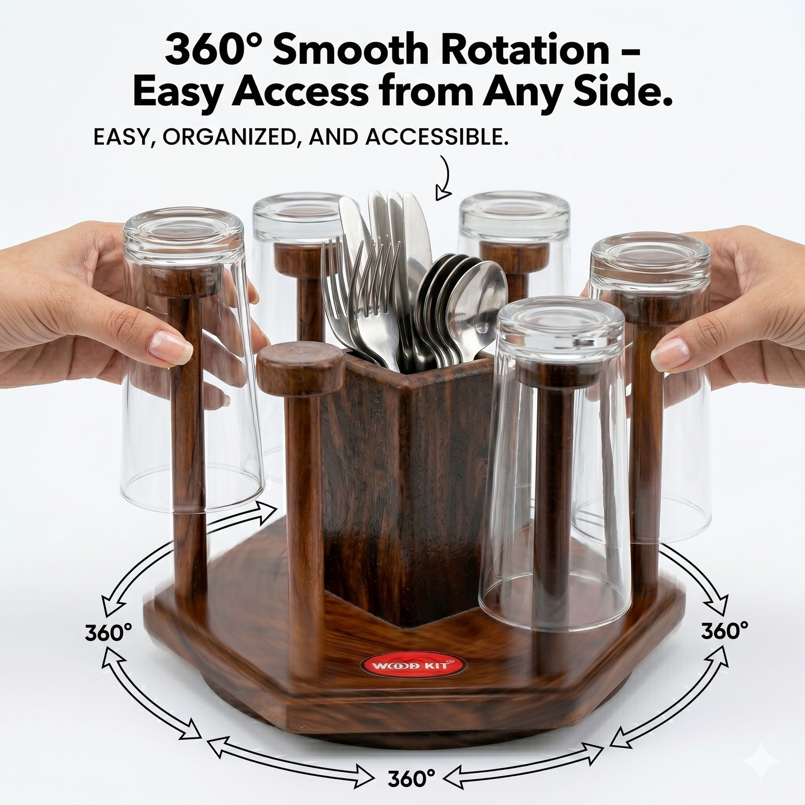 Hand rotating the 360 degree smooth revolving base of the wooden glass stand