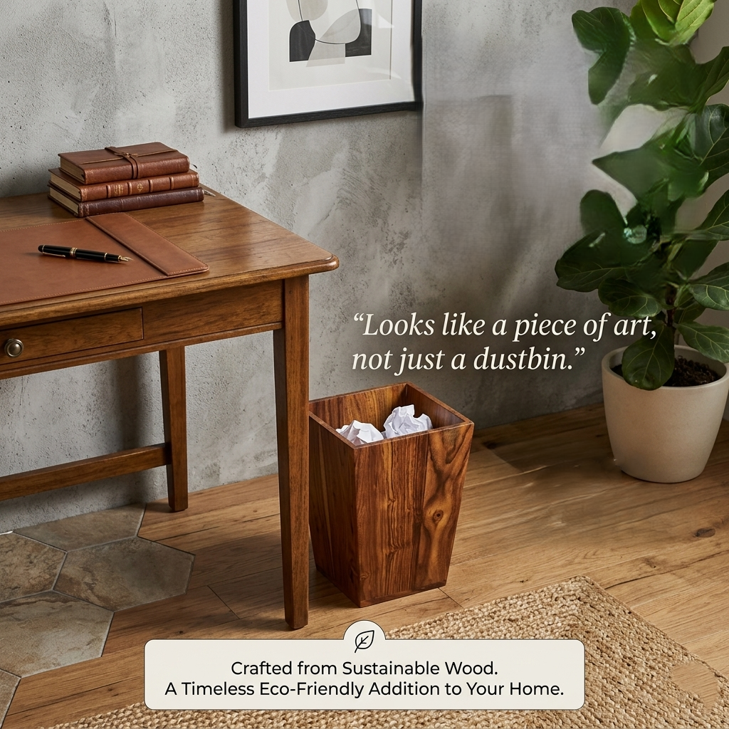 Aesthetic wooden trash can placed next to a luxury wooden writing desk in a study room setting.