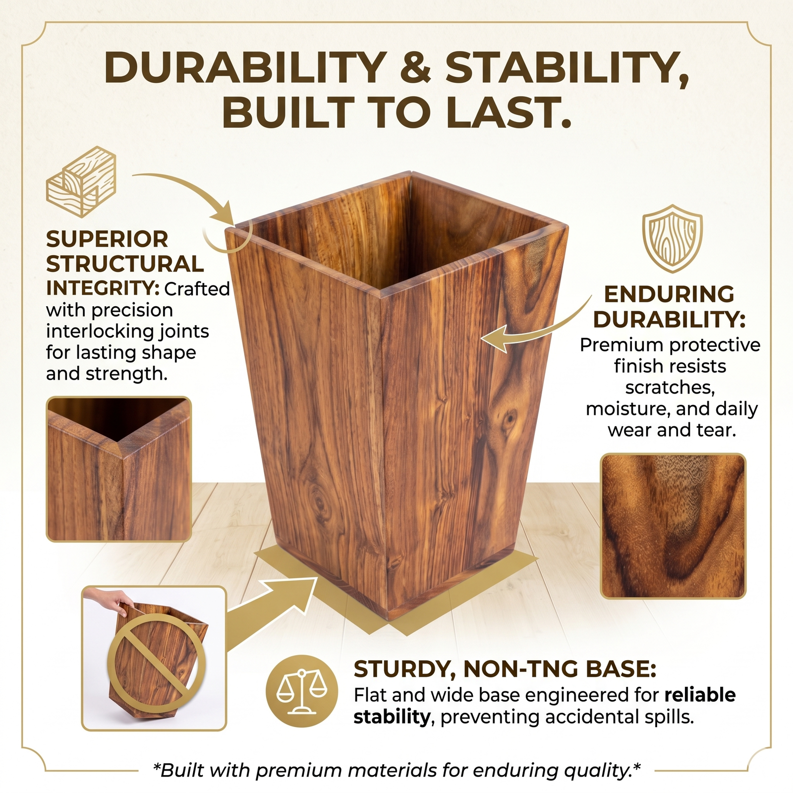 Technical feature callouts of the durable handcrafted wooden dustbin highlighting joints, protective finish, and base stability.