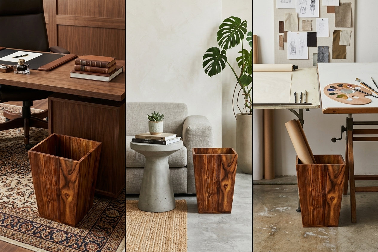 Triptych view showing luxury wooden dustbin placement across an executive office, modern living room, and creative design studio.