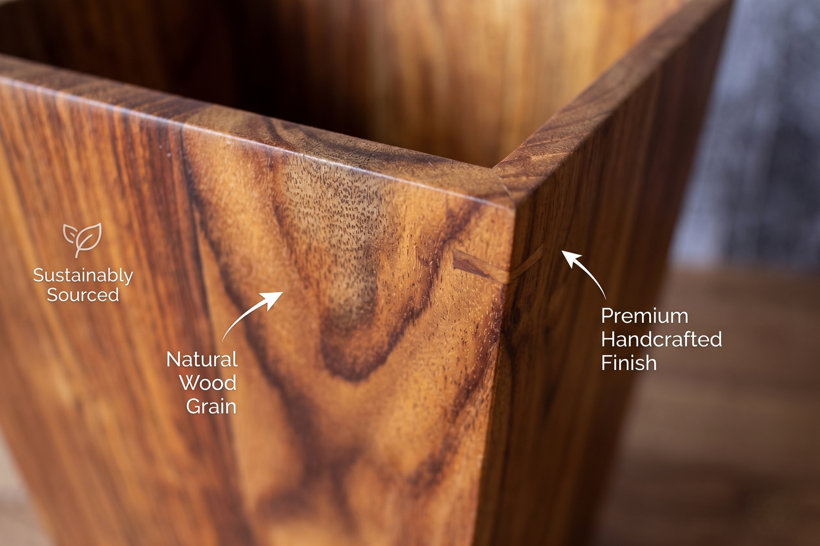 Macro close-up shot focusing on the premium wood texture, corner joinery, and natural grain pattern of the dustbin.