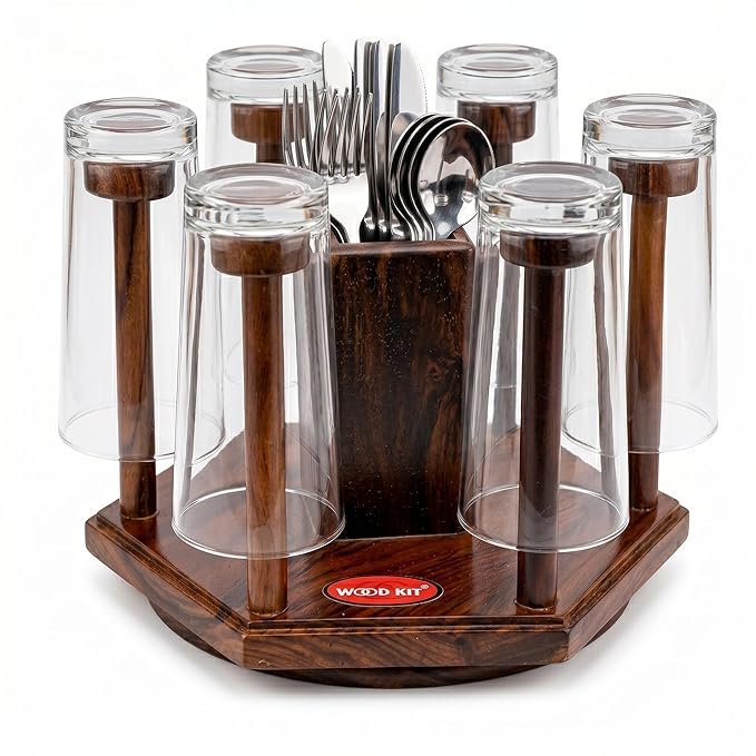 Angled shot of WOODKIT hexagonal stand holding 6 glasses and full cutlery center slot