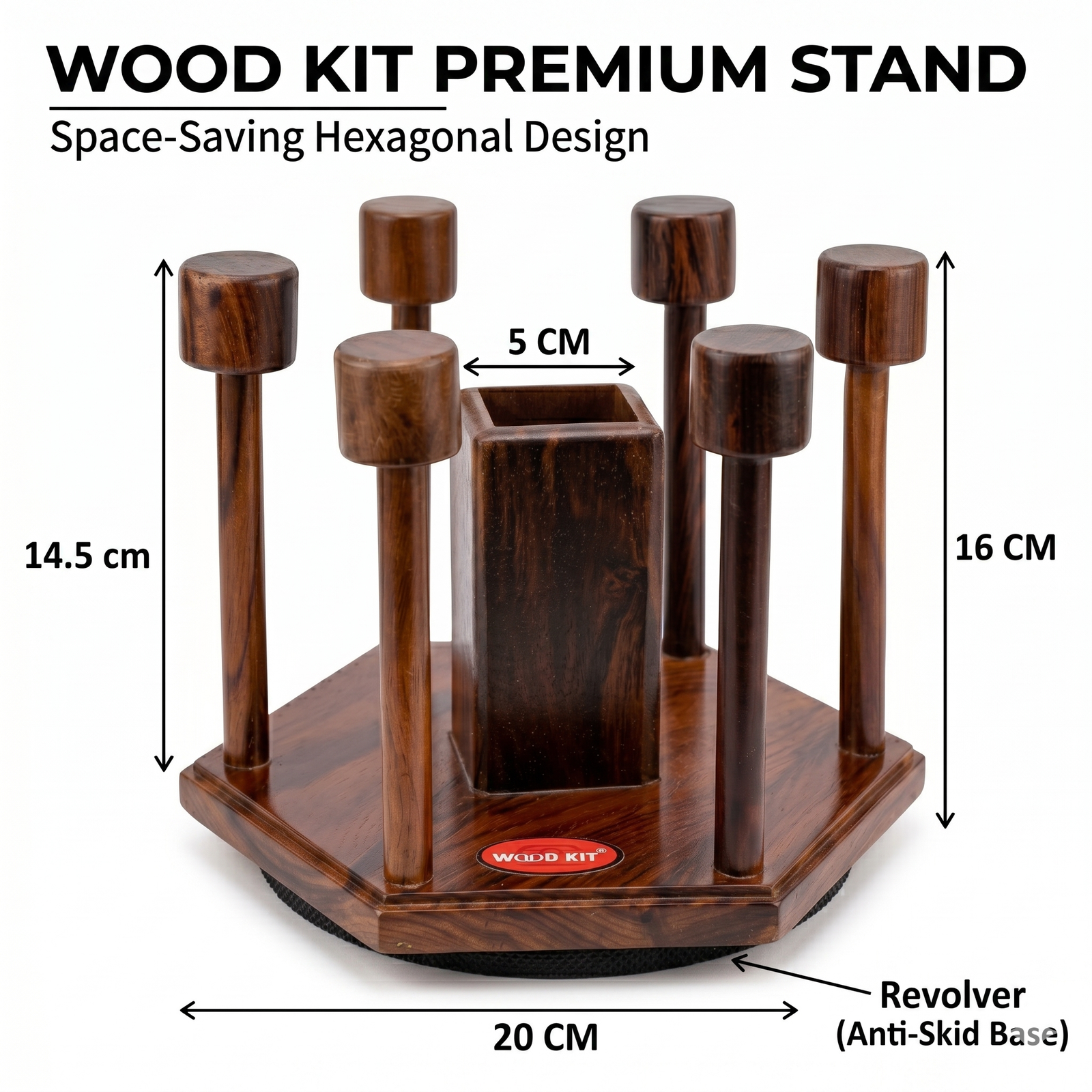 Product dimension diagram of WOOD KIT sheesham wood glass stand showing height and base width