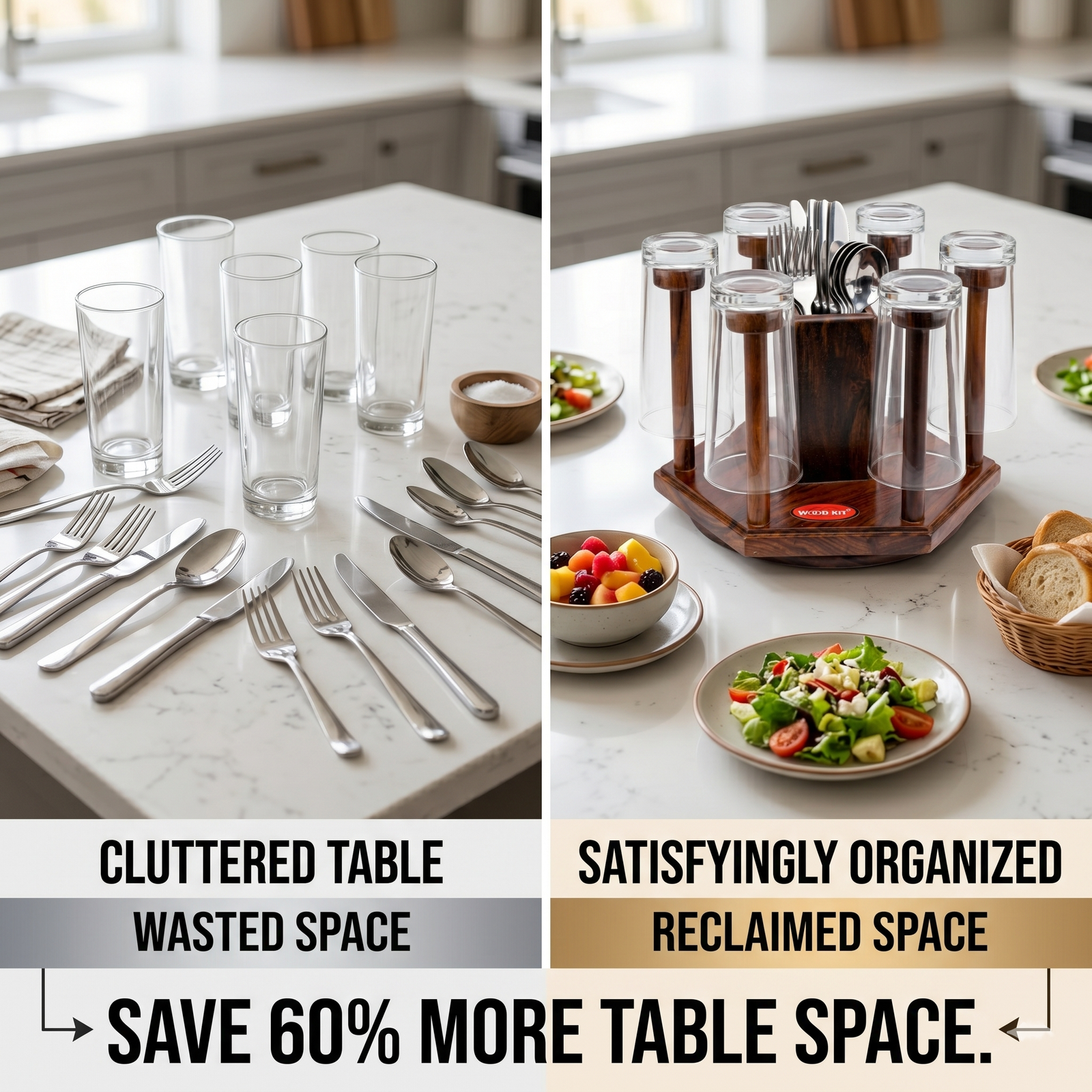 Side by side comparison showing table space saved by organizing 6 glasses and 12 cutlery pieces into WOODKIT stand
