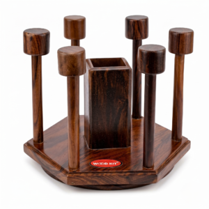 WOOD KIT handcrafted Sheesham wood revolving 6 glass stand with center cutlery holder