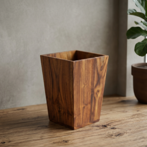 Premium handcrafted wooden dustbin for office and home with a natural wood grain pattern isolated on a white background.