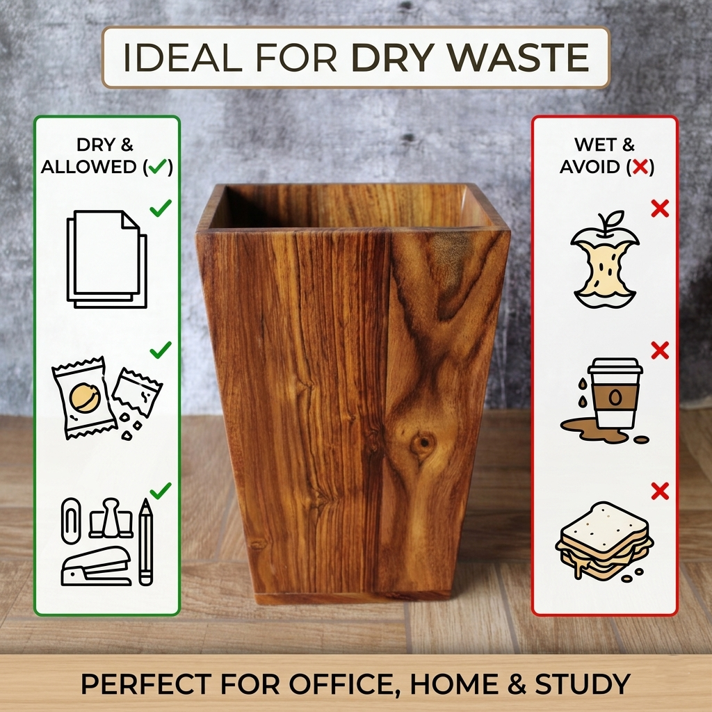 Graphic chart showing what waste is allowed in the wooden waste paper bin, highlighting dry waste only.
