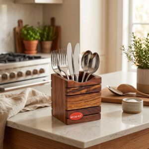 Handcrafted Sheesham wood cutlery holder filled with stainless steel spoons, forks, and knives on a premium marble kitchen countertop.